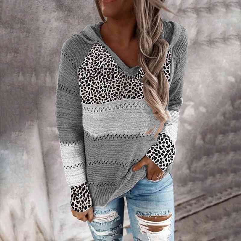 

Women Patchwork Hooded Sweater Lady Winter Sexy V Neck Leopard Knitted Sweater Female Autumn Long Sleeve Pullovers Knitted Tops, White;black