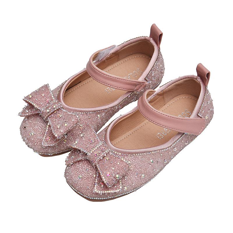 

2021 Spring New Children's Shoes Girls Leather Shoes Shallow Mouth Single Rhinestone Bow Princess Performance, Black