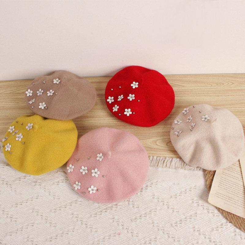 

Kids Wool Winter Warm Hat Flower Beret Hat for Girls Painter Cap French Cap Children's Beret Autumn and Winter Girl Painter, Black