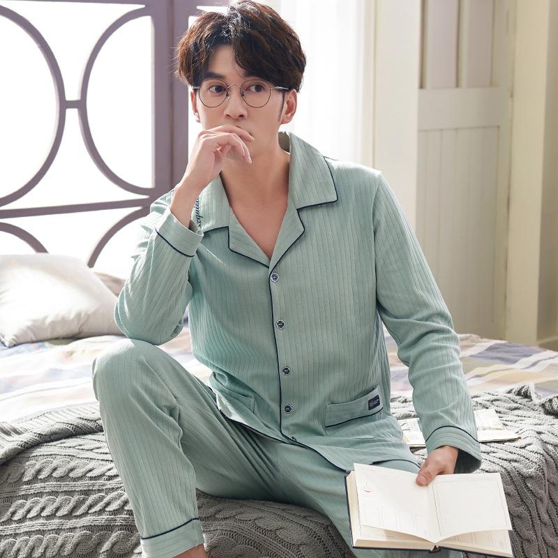 

Autumn New Style Men's Pajamas Double Face Cotton Cardigan Lapel Simple Home Wear Pigiama Uomo Pyjamas Men Pijama Masculino, See chart