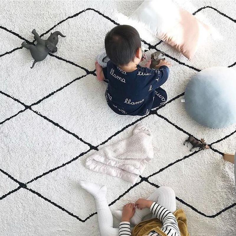 

Moroccan Carpet Nordic Handmade Cotton Living Room Bedside Floor Rug Black White Stripe Plaid Kidsroom Play Mat Blanket Washable1