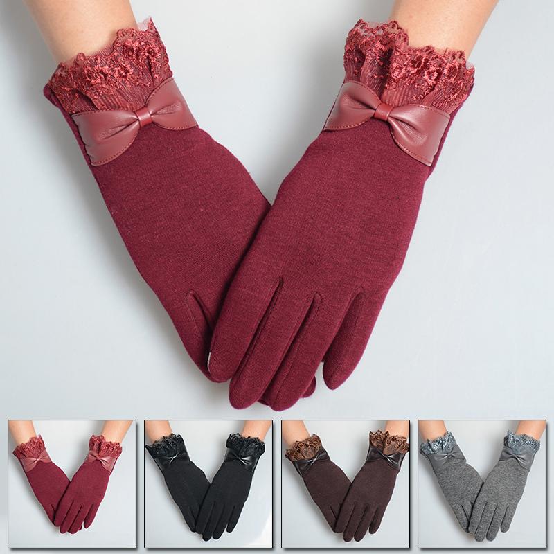 

Five Fingers Gloves Elegant Womens Fashion Winter Warm Soft Wrist Lace Touch Screen Bow Decorations Mittens Full Finger Outdoor