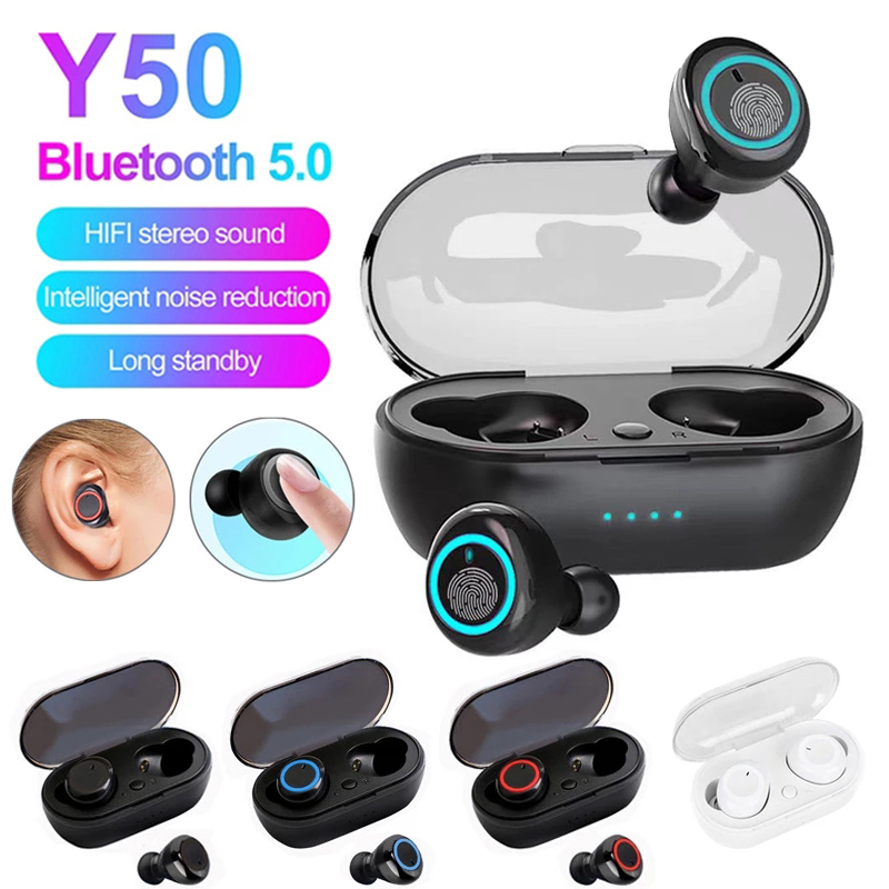 

Y50 TWS Wireless bluetooth earphones music Stereo Headset in-Ear Sports Earbuds With Microphone With Charging Box For Smart phone, Black-blue