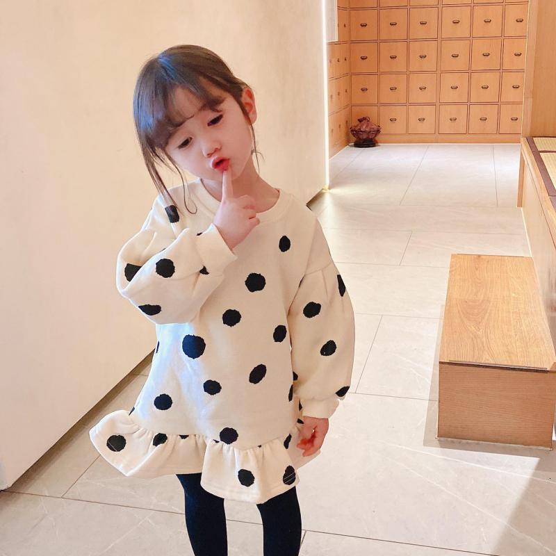 

2021 Autumn Children's Clothing New Fashion Dot Printed Ruffle Long Sleeve O-neck Casual Girls Es 142s, La18