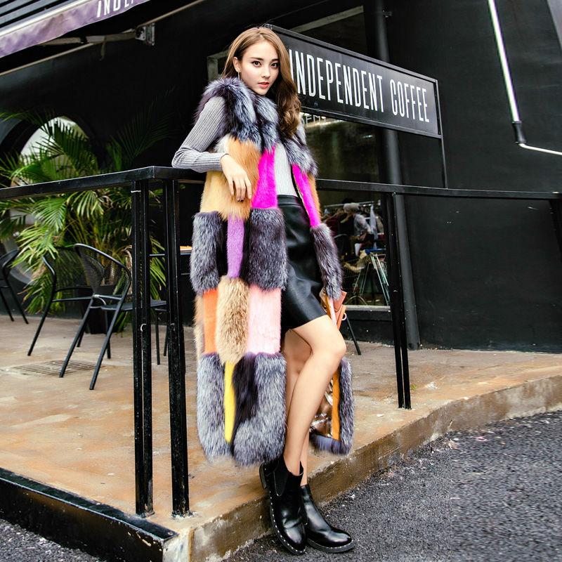 

Fashion Winter Women' Fur Vest Coat Warm Long Vests Fur Women Faux Patchwork Color Outerwear Jacket Plus Size 4XL Y48, Caipin