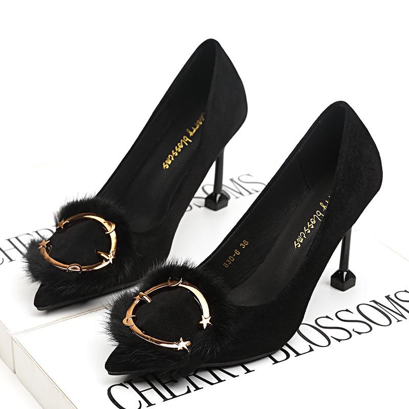 

Women Shoes Pointed Toe Pumps Flock Dress Fashion Spring metal 9CM Fine High Heels Boat Shoes Basic, See chart