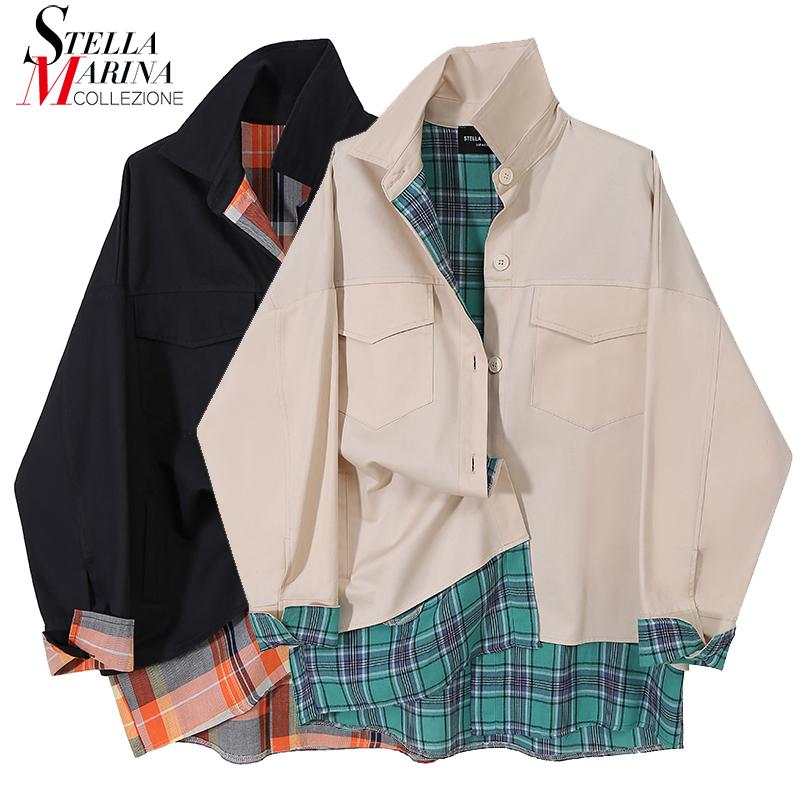 

Fake Two Woman Autumn Black Khaki Plaid Patchwork 2020 Blouse Set Long Sleeve Oversized Shirt Ladies Casual chemise femme 6707, 6707 black