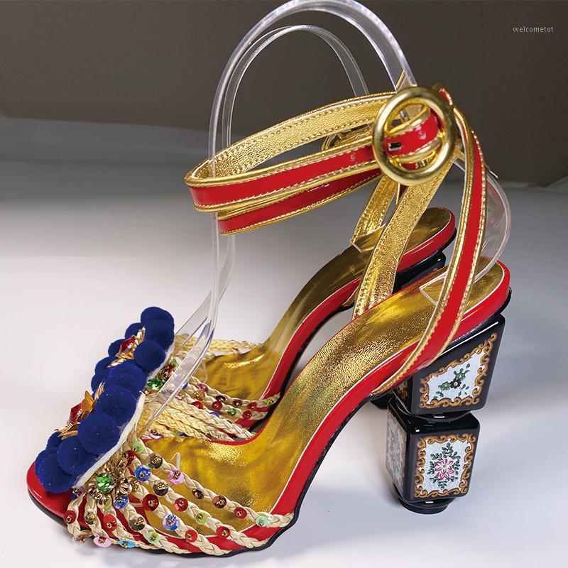 

Totem print square high heel open toe sandals braided belt flower high heels summer heels ladies shoes1, As pic