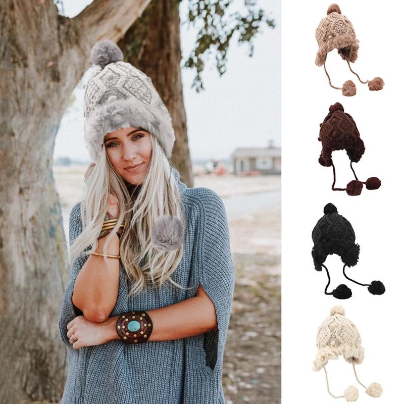 

Winter Hats For men women Winter Knit Hat Ball Set Thick Warm Solid Earmuff pom pom beanie gorros hombre mujer invierno
