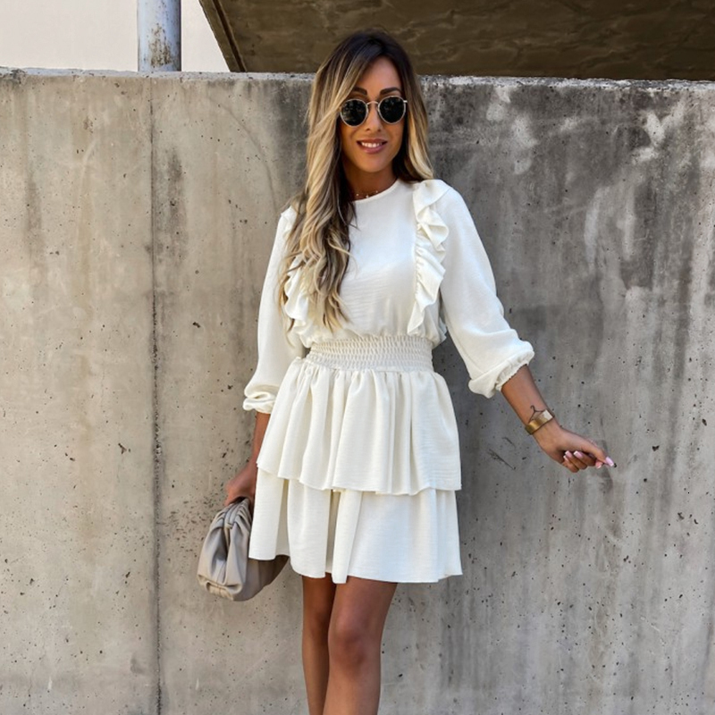 

2021 New Women Autumn Long Sleeve Ruffles Solid Winter Slim Casual Backless Elastic Waist a Line Pink Party Vestidos Eisl, White