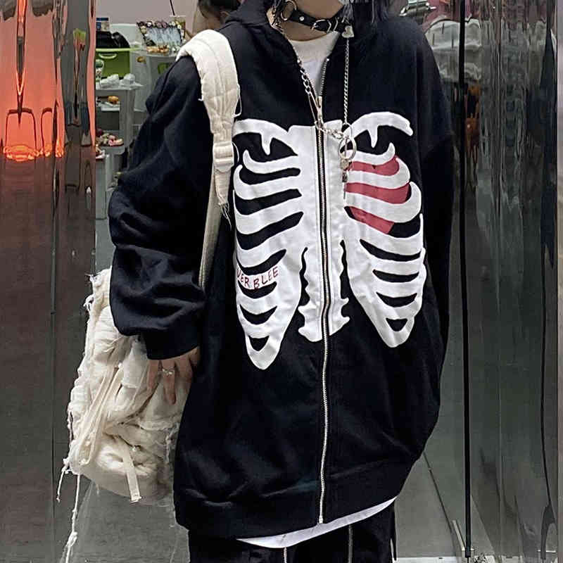 

Y2k Gothic Skeleton Zip Up Sweatshirts Oversized Hoodie Men Autumn Long Sleeve Coat Male 90s Vintage Harajuku Grunge Clothes, 630-black