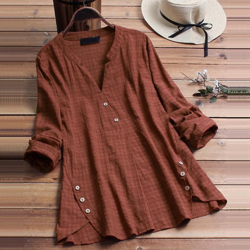

2021 Spring Autumn Long Sleeve Shirt Blouse Women V Collar Long Sleeve Plaid Womens Tops and Blouse Vintage Plus Size Loose, Khaki