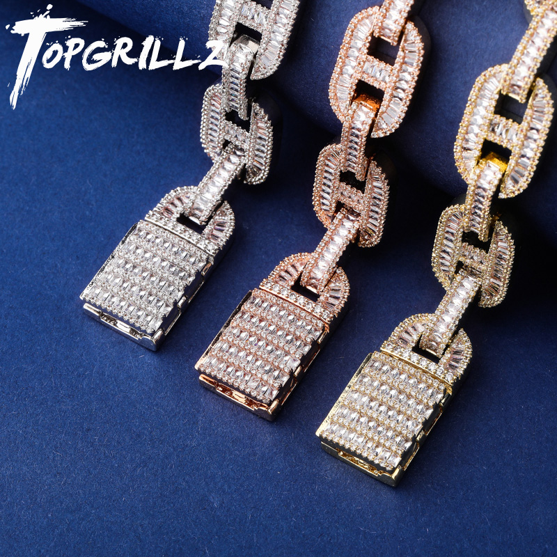 

TOPGRILLZ Miami 14mm Big Box Clasp Cuban Link Bracelet Charm Gold Silver Plated Iced Out Baguette Zircon Men Hip hop Jewelry
