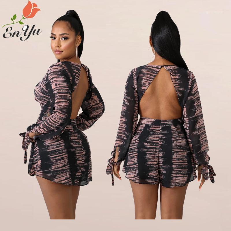 

Enyu 2020 Summer Sexy Lady Colors Print Playsuit Full Lantern Sleeve V-neck Backless Playsuit young girl popular Daily Playsuits1, Multi