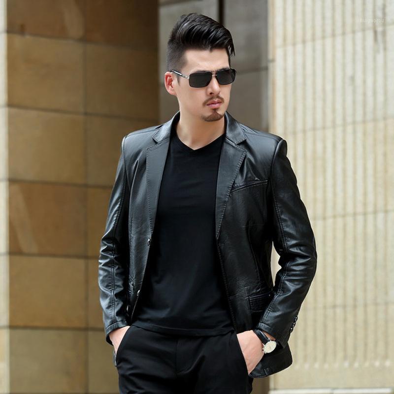 

Wholesale- Leather Jacket Men Spring And Autumn Jaqueta De Couro Masculina Black Thin Casual Fashion Male Faux Leather Jacket 5201, Navy blue
