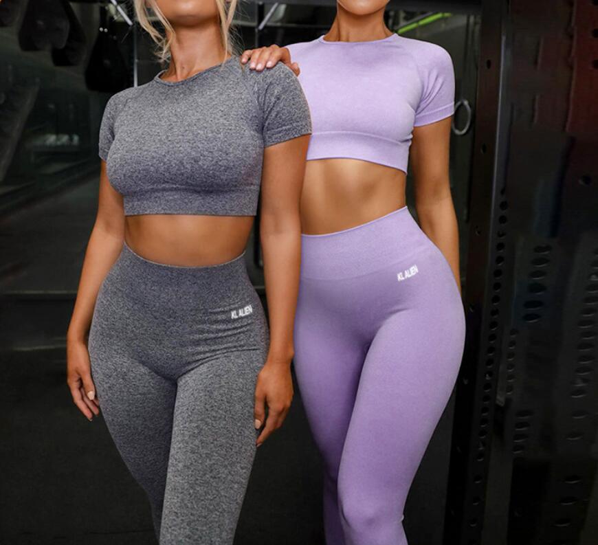 

Fashion Sport Set Women Gray Purple Two 2 Piece Crop Top High Waist Leggings Sportsuit Workout Outfit Fitness Gym Yoga Sets, White