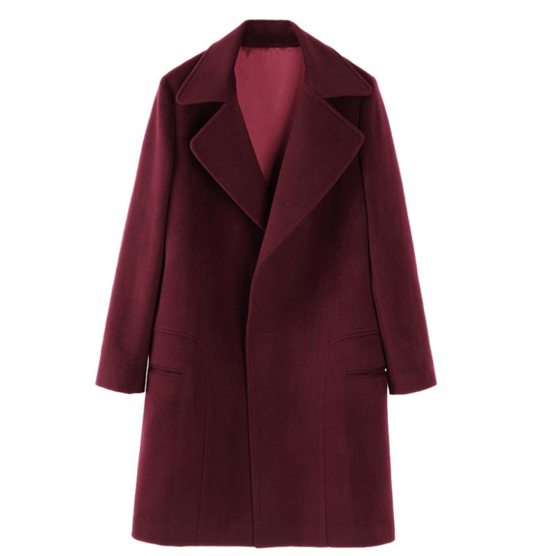 

Savabien Women Coats and Jackets Winter Solid Long Sleeve Lapel Belted Woolen Coat Wine Red Slim Elegant Ladies Coat Wool Blend