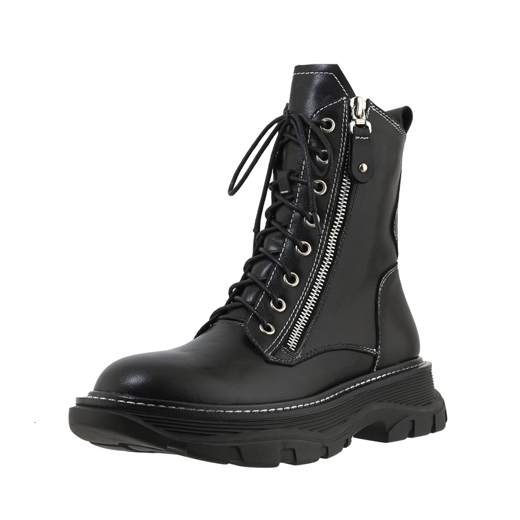 

2021 New Autumn Winter Women Ankle Warm Genuine Leather Motorcycle Boots Chunky Heels Dancing Shoes Woman Ujot, Black cow