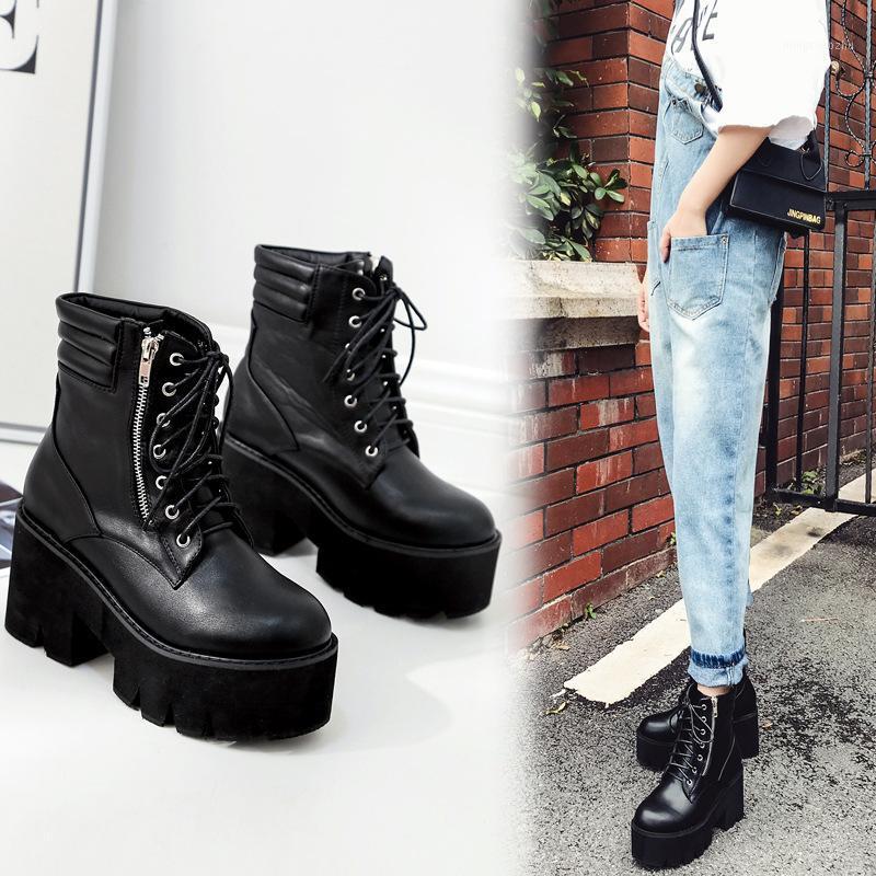 

Autumn thick heel short tube boots thick-soled waterproof platform side zipper high-heel lace-up women short boots EA-1671, Black