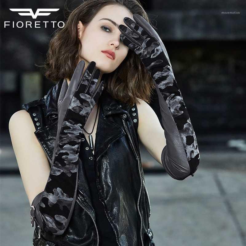 

FIORETTO Women Long Leather Gloves Mittens Thermal Warm Lined Camouflage Print Winter Fashion Ladies Elbow Driving Gloves Black1