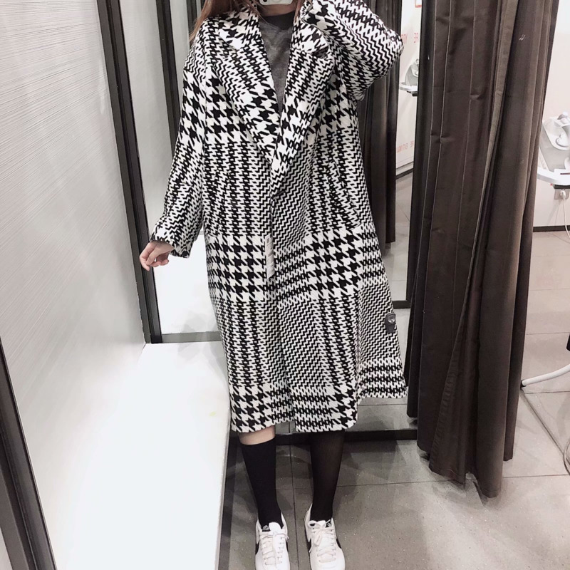 

a Buckle Vintage Wool Straight Jacket Thicken Autumn Lapel Women Long Fashion Clothes Donne Cappotti S83l, Black and white.