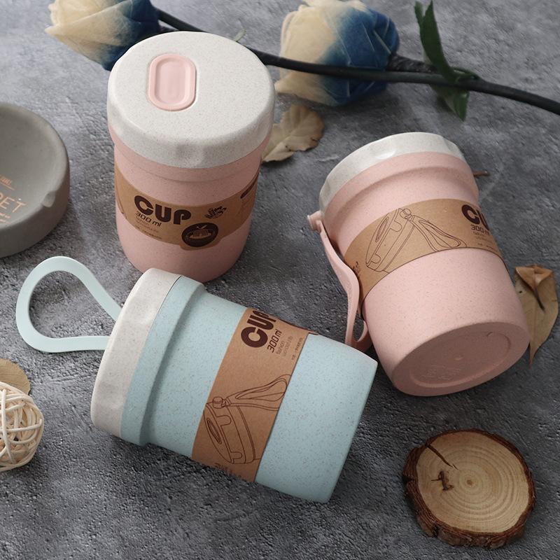 

300ml Healthy Material Wheat Straw Sealed Soup Cup With Lid Water Breakfast Portable Travel Milk Mug Microwave Dinnerware, 01