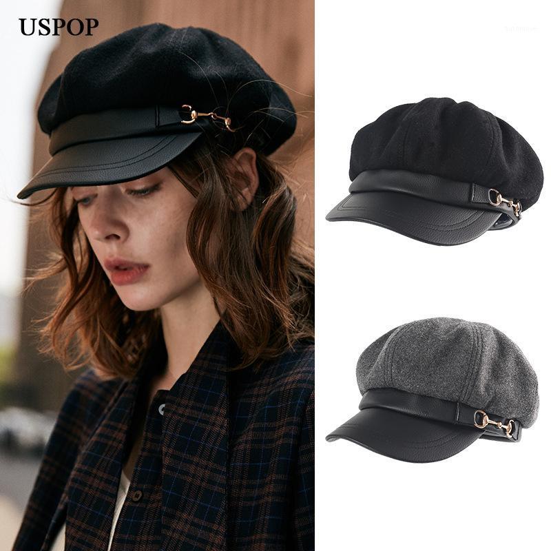 

USPOP 2020 New Winter Hats Women Octagonal Hat Vintage Wool Hats Patchwork Leather Brim Newsboy Caps Warm Cap Visor M L1, Black