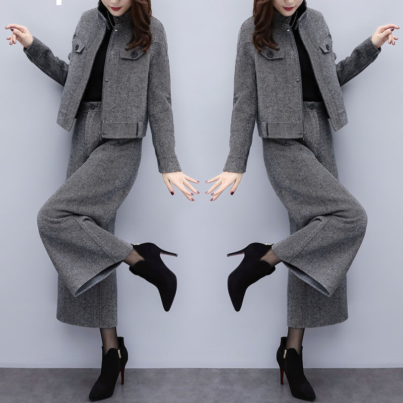

2021 New autumn wool two pieces women's clothing short coat and long pants elegant suits y477 VO73, Suit