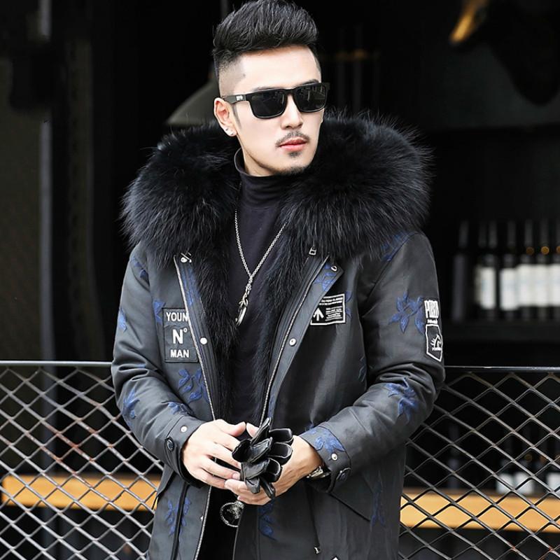 

Real Fur Coat Winter Jacket Men Natural Raccoon Fur Liner Parka Men Warm Parkas Korean Fashion Mens Coats L17-1209 YY347, Blue flower