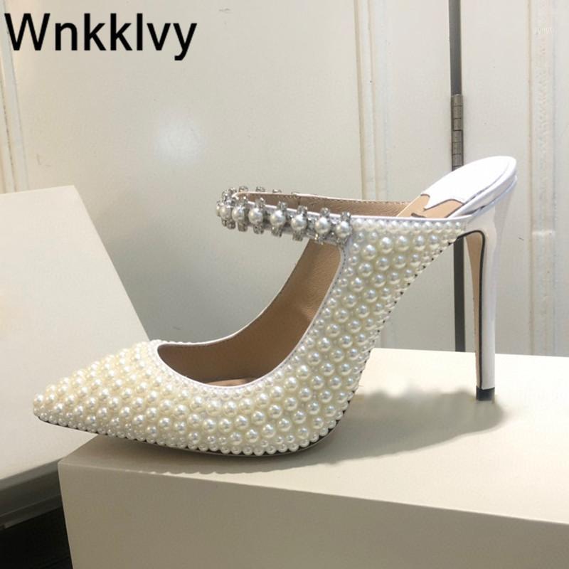 

Pearled high heels slippers women Pointed toe shallow mouth string bead sandals 2020 runway pumps sexy party dress fairy shoes1, White high heel
