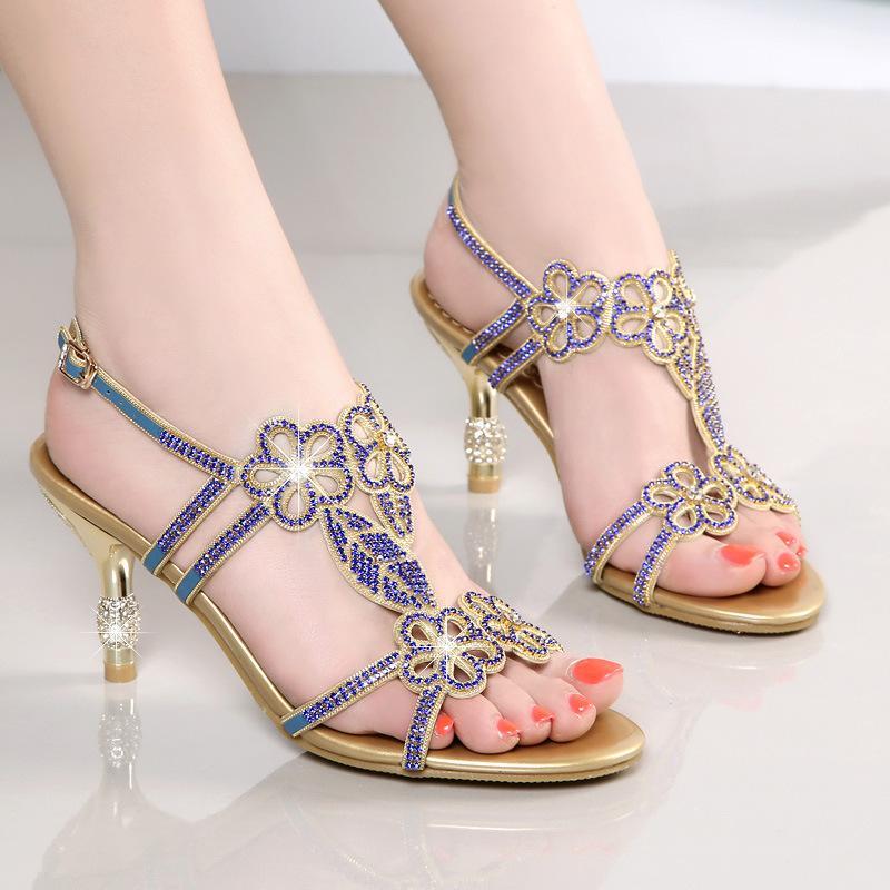 

Ladies Sandals New Sandals Genuine Leather Diamante Shoes Sandalia Feminina Fish Mouth Shoes A- line Crystal High Heel1, Gold