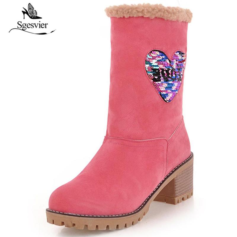 

Sgesvier Bling Heart-shaped Women Ankle Boots Female Green Block Chunky High Heel Snow Boots Plus Size Ladies Shoes Winter OX999, Black