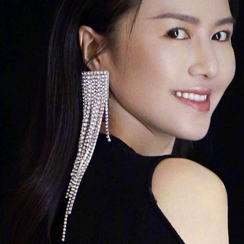

Dangle & Chandelier Shiny Rhinestone Long Chain Earrings For Women Fashion Jewelry Evening Dress Statement Accessories