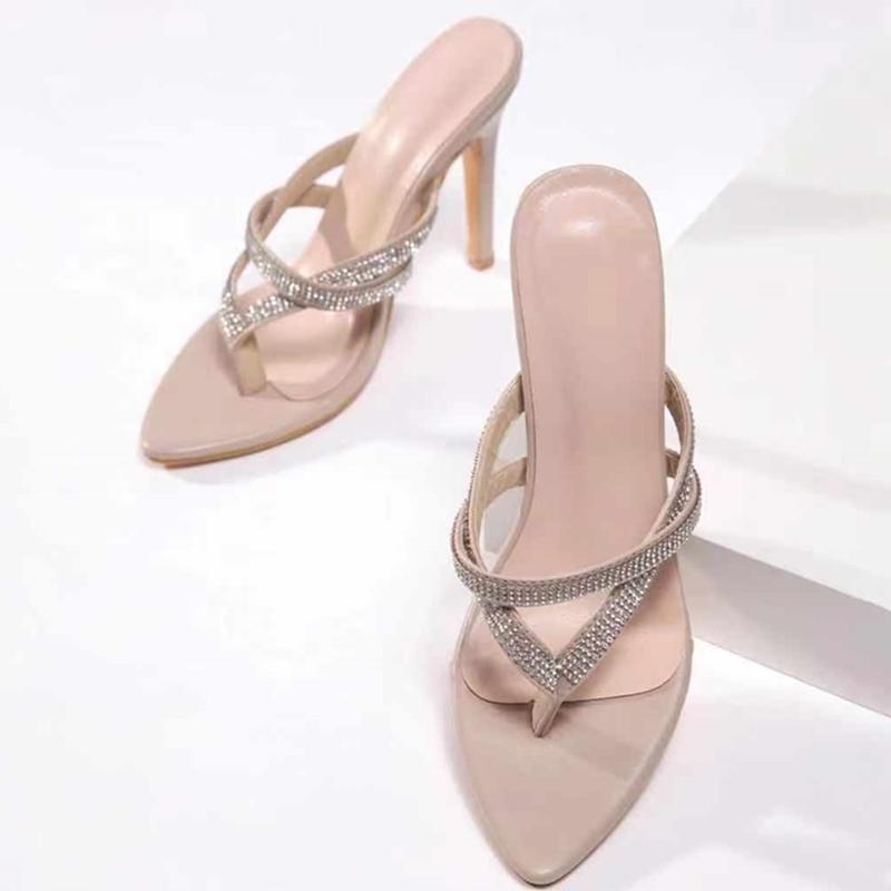 

Hot Sale Rhinestone Sexy Pointed Toe Women High Heel Shoes Sandals Summer Clip Toe Slipper Home Outside Flip Flops, Black
