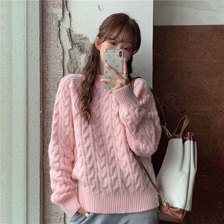 

2021 Autumn and Winter New Soft Female Twist Wax Loose Fine Retro Lazy Simple Knit Wool Top YXV5, Beige