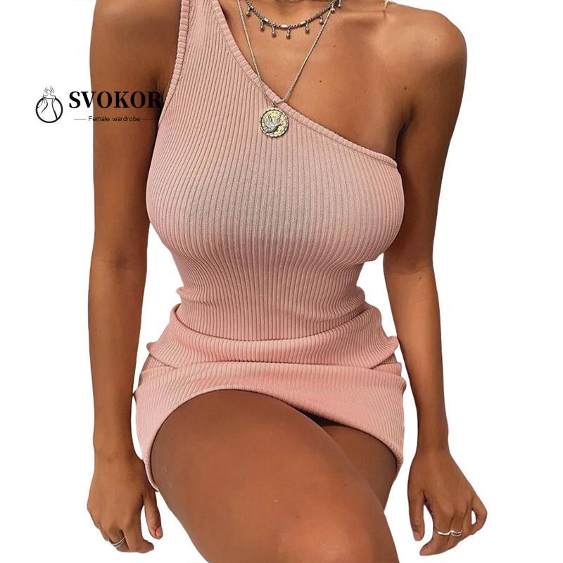

SVOKOR Single Shoulder Package Hip Dress Women Sexy Solid Bodycon Dress Mini Sleeveless Party Club Clothes Women Skinny, Blue
