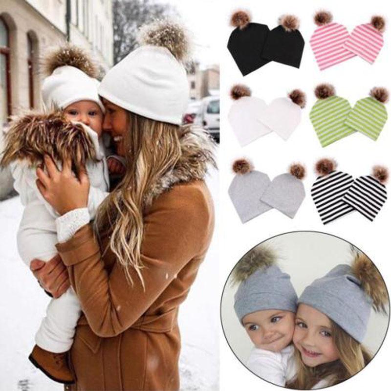 

Mom Baby Kid Winter Warm Raccoon Fur Beanie Cotton Knitted Parent-Child Cotton Hat