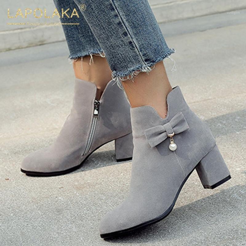 

Lapolaka New Fashion Sweet Bowtie Ankle Boots Ladies Chunky Heels Zip Up Concise Classic Office Shoes Woman Boots Female1, Beige