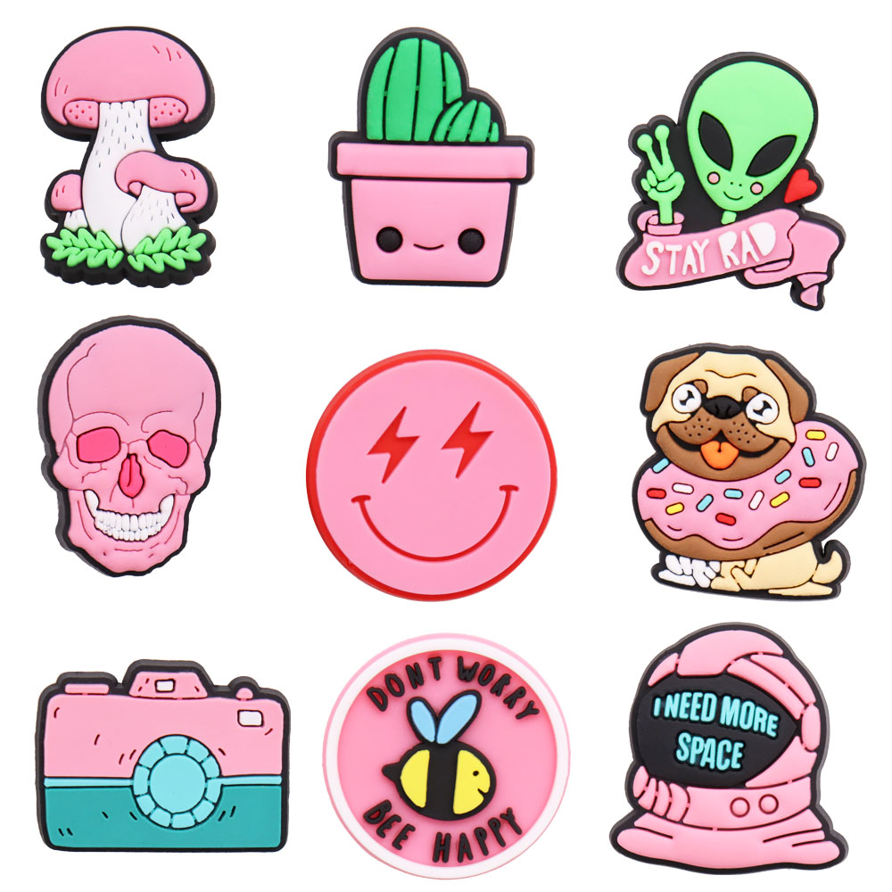 

Wholesale 100Pcs+ Alien Skull Smile Face Plant Pink Cartoon Garden Shoes Decoration Clog shoe charms Croc jibbitz DIY PVC Buckle Charm Girls Kids Accessories