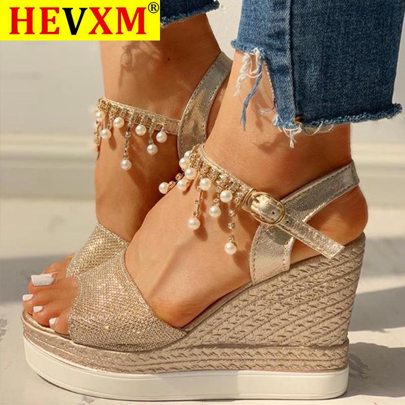 

2021 New Women Wedge Sandals Summer Bead Studded Detail Platform Sandals Buckle Strap Peep Toe Thick Bottom Casual Shoes Ladies, Pink