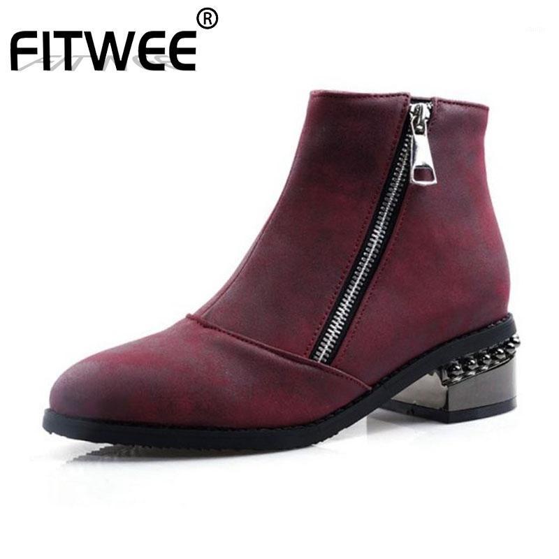 

FITWEE Size 32-48 Winter Office Ladies Pu Leather Ankle Boots Zipper Chunky Heel Shoes Woman Retro Pointed Toe Short Boots1, Black