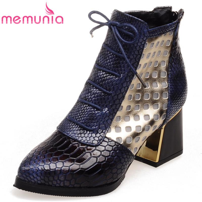 

MEMUNIA 2020 New plus size 34-43 New women boots lace up pointed toe square heels autumn boots snaker pu ankle for women, Blue