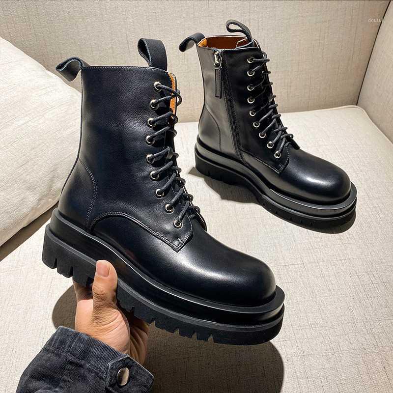

Genuine Leather Motorcycle Boots Black Leather Round Toe Flat Heel Winter Shoes Women Combat Boots1