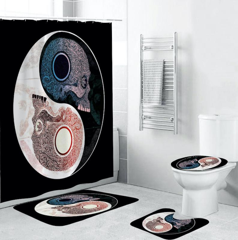

Yin and Yang Print 4 Piece Waterproof Bathroom Set with Hook Non Slip Rugs Carpet Bath Curtain Set Polyester Rug Mats Custom
