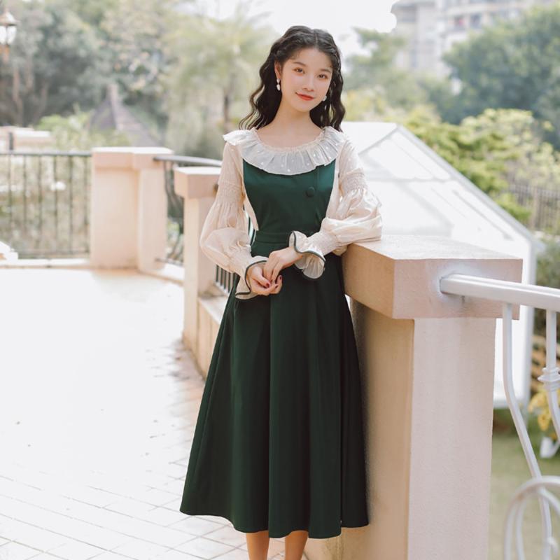 

Strap Dress Suit Double 2020 New A-Line Ruffled Collar Pullover Polka Dots Mid Waist Long Sleeve Mid-Calf Dresses, Green