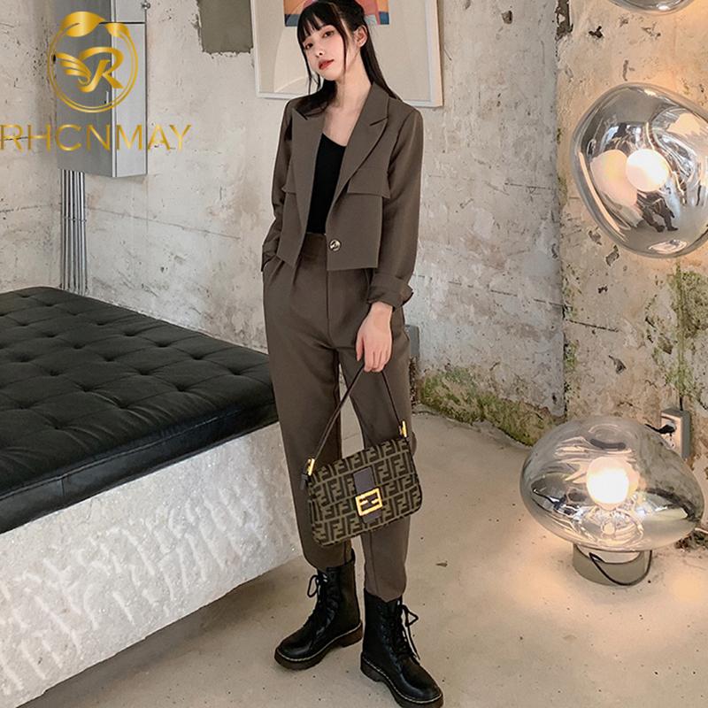 

2020 Fashion Autumn Women Harem Pant Suits 2 Piece Set For Female Short Blazer Jacket & Trouser Elegant Office Ladies Suit, Black