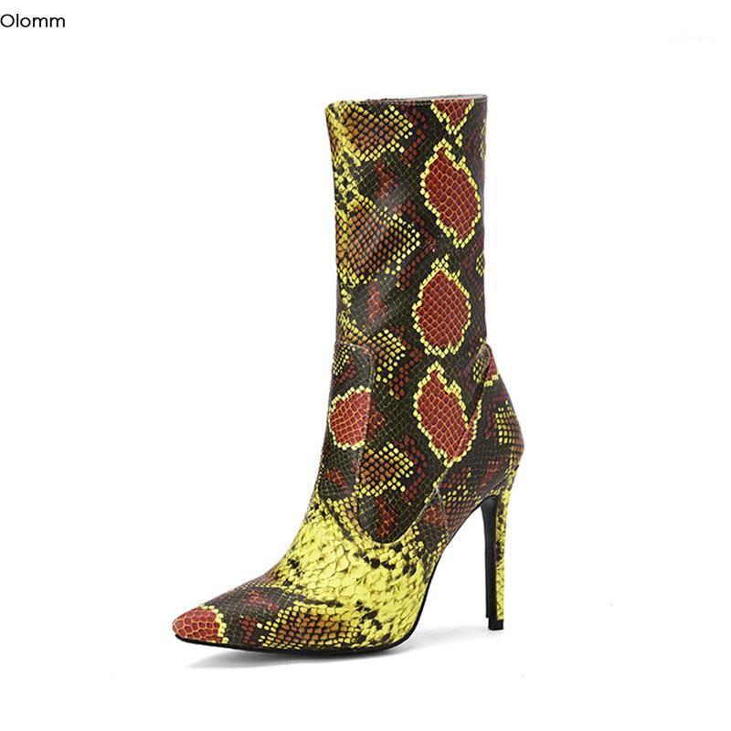 

Olomm 2020 Handmade Women Ankle Boots Stiletto Heels Boots Pointed Toe Snake Pattern Yellow Party Shoes Women Plus US Size 5-151, D2473 yellow