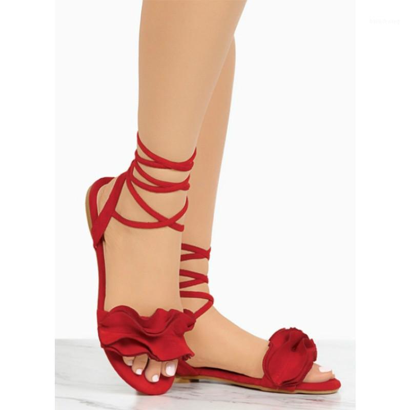 

PADEGAO Plus Size Women's Sandal Ruffles Cross Bandage Sandals Summer Shoes Flats Lace-up Ankle Strap Sandalias Mujer PDG7081, Black