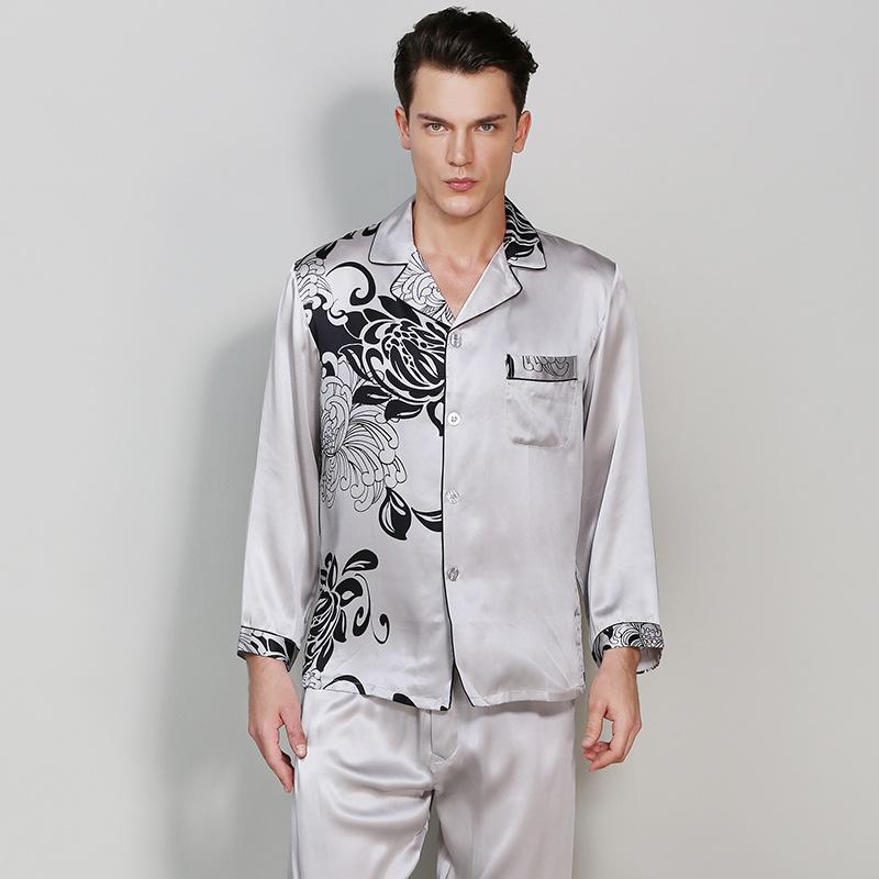 

Pajamas Men Suit Solid Color  L XL 2XL Nightwear Home Clothing Casual Lovers Pijama Sleepwear Gray Male 100% Silk Pajamas