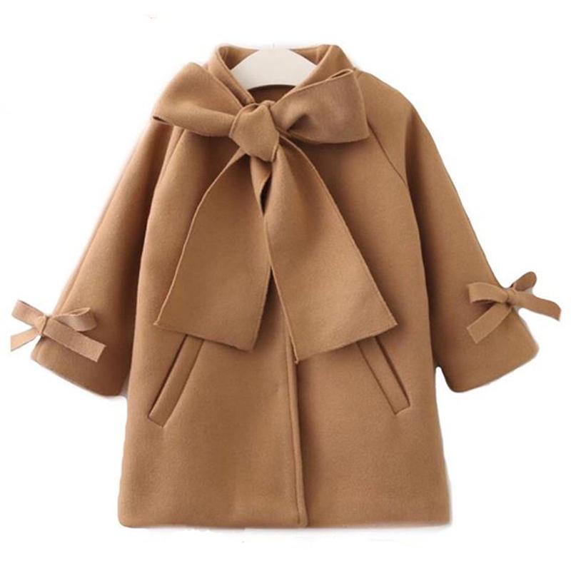 

New Autumn Winter Toddler Kids Baby Girls Warm Wool Bowknot Trench Coat Overcoat Fashion Girls Kids Long Sleeve Outwear Jacket, As pic